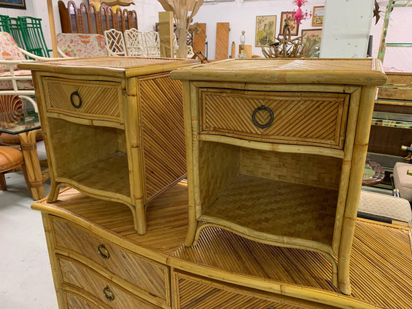 Pencil Reed Rattan Nightstands in the Manner of Gabriella Crespi front view