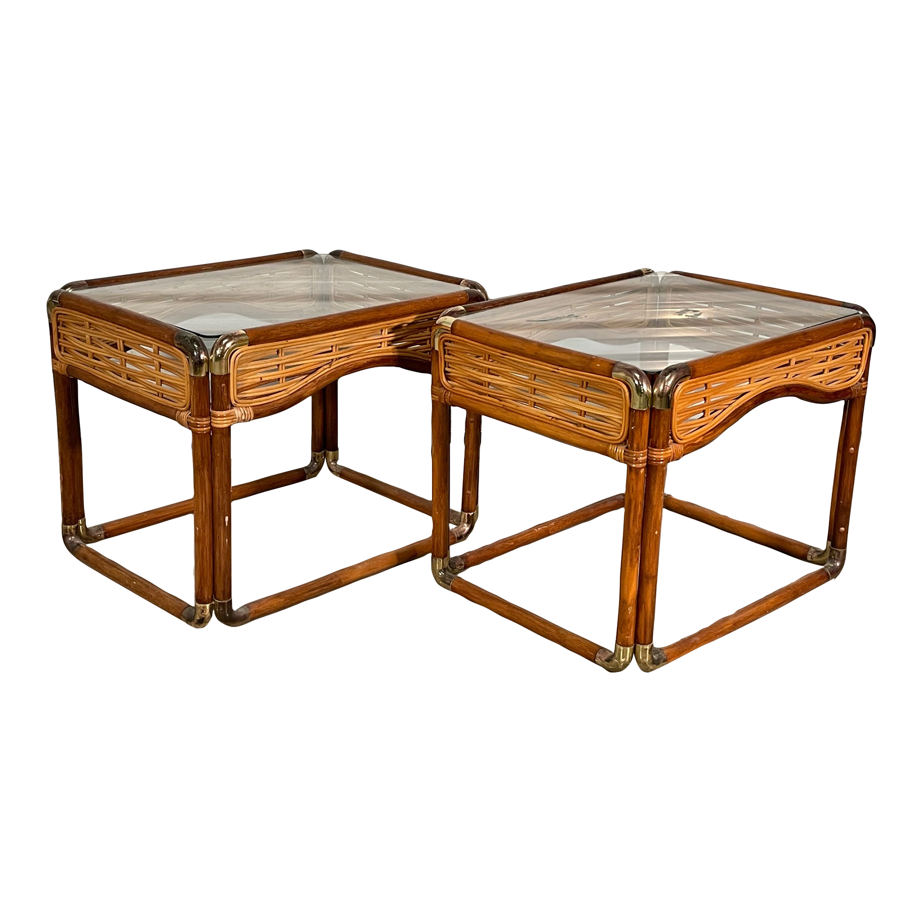 Rattan and Brass Campaign Style End Tables