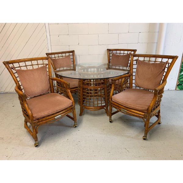 Rattan and Brass Dining Set, Table and 4 Chairs