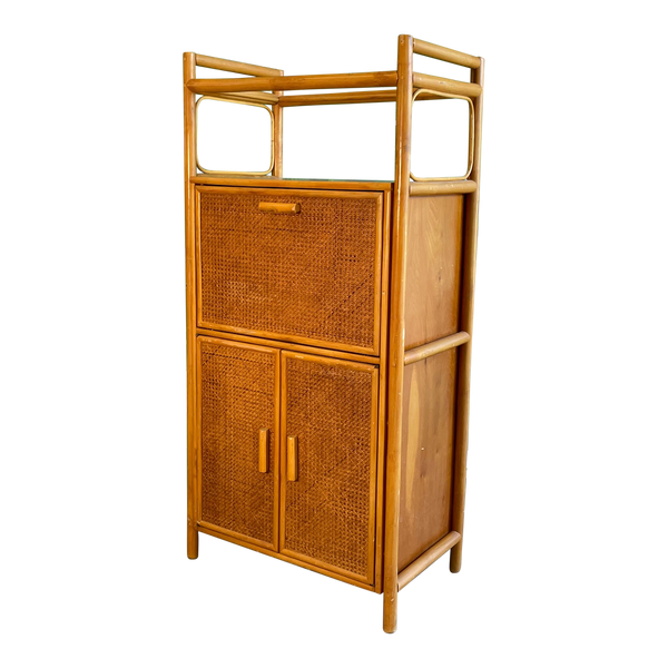 Rattan and Cane Drop Leaf Lighted Bar Cabinet
