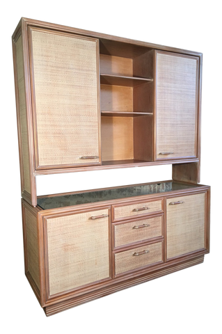Rattan and Faux Bamboo China Buffet Cabinet With Hutch
