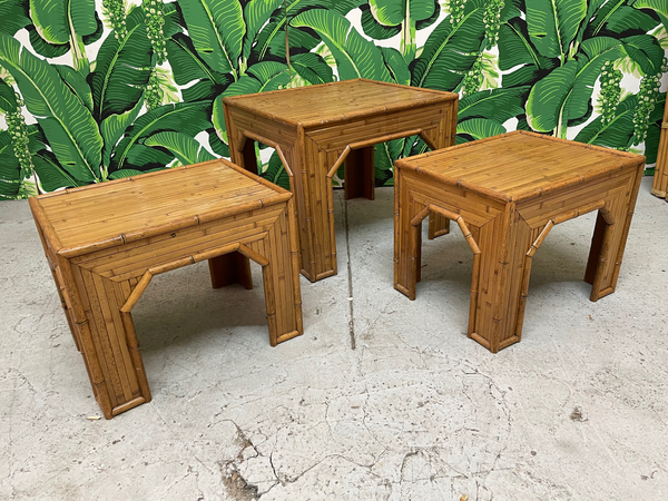  Rattan and Faux Bamboo End Tables, Set of Three front view