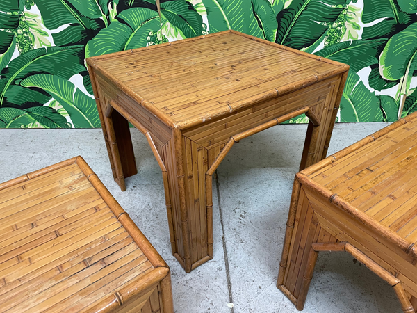 Rattan and Faux Bamboo End Tables, Set of Three close up