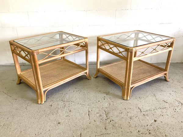 Rattan and Glass End Tables, a Pair