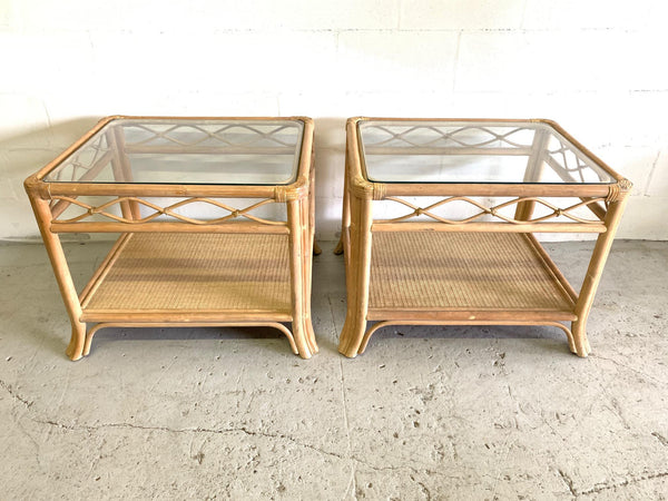 Rattan and Glass End Tables, a Pair