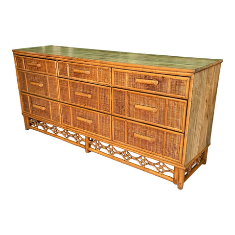 Rattan and Wicker 9 Drawer Fretwork Dresser