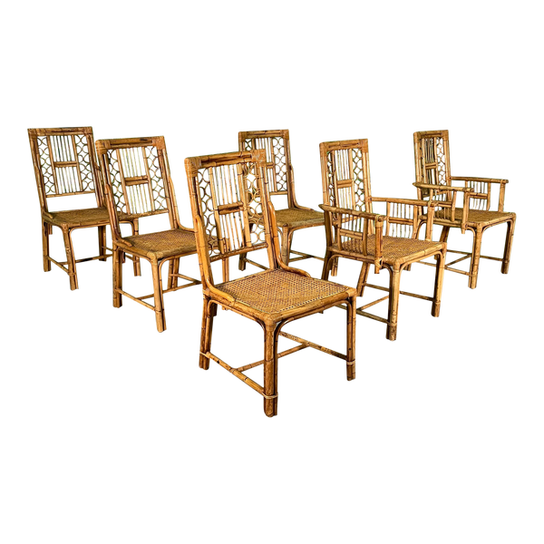 Rattan and Wicker Fretwork Dining Chairs Attributed to Brighton, Set of 6