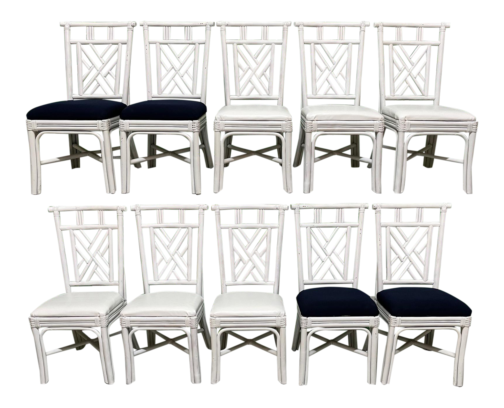 Rattan Asian Chinoiserie Dining Chairs, Set of 10
