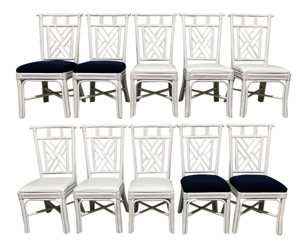 Rattan Asian Chinoiserie Dining Chairs, Set of 10