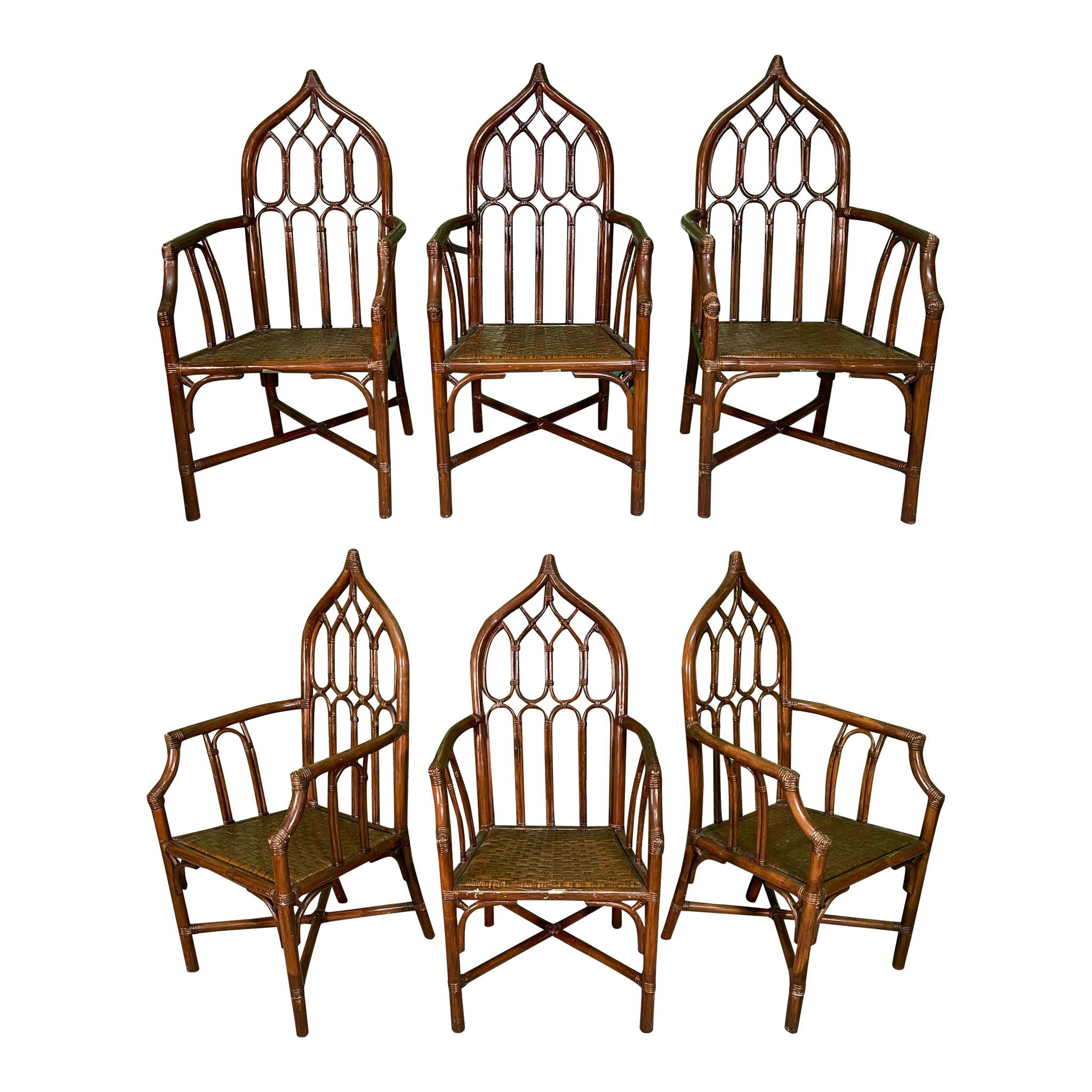 Rattan Cathedral Dining Chairs in the Manner of McGuire, Set of 6