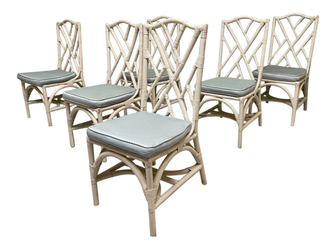 Rattan Chinese Chippendale Dining Chairs, Set of 6