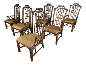 Rattan Chinoiserie Pagoda Style Dining Chairs, Set of 6