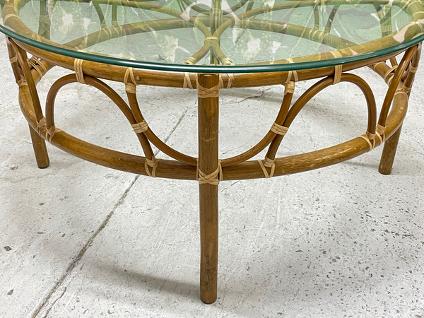 Rattan Glass Top Round Coffee or Cocktail Table close up