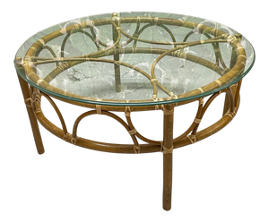 Rattan Glass Top Round Coffee or Cocktail Table