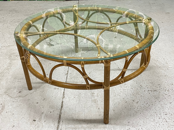 Rattan Glass Top Round Coffee or Cocktail Table front view