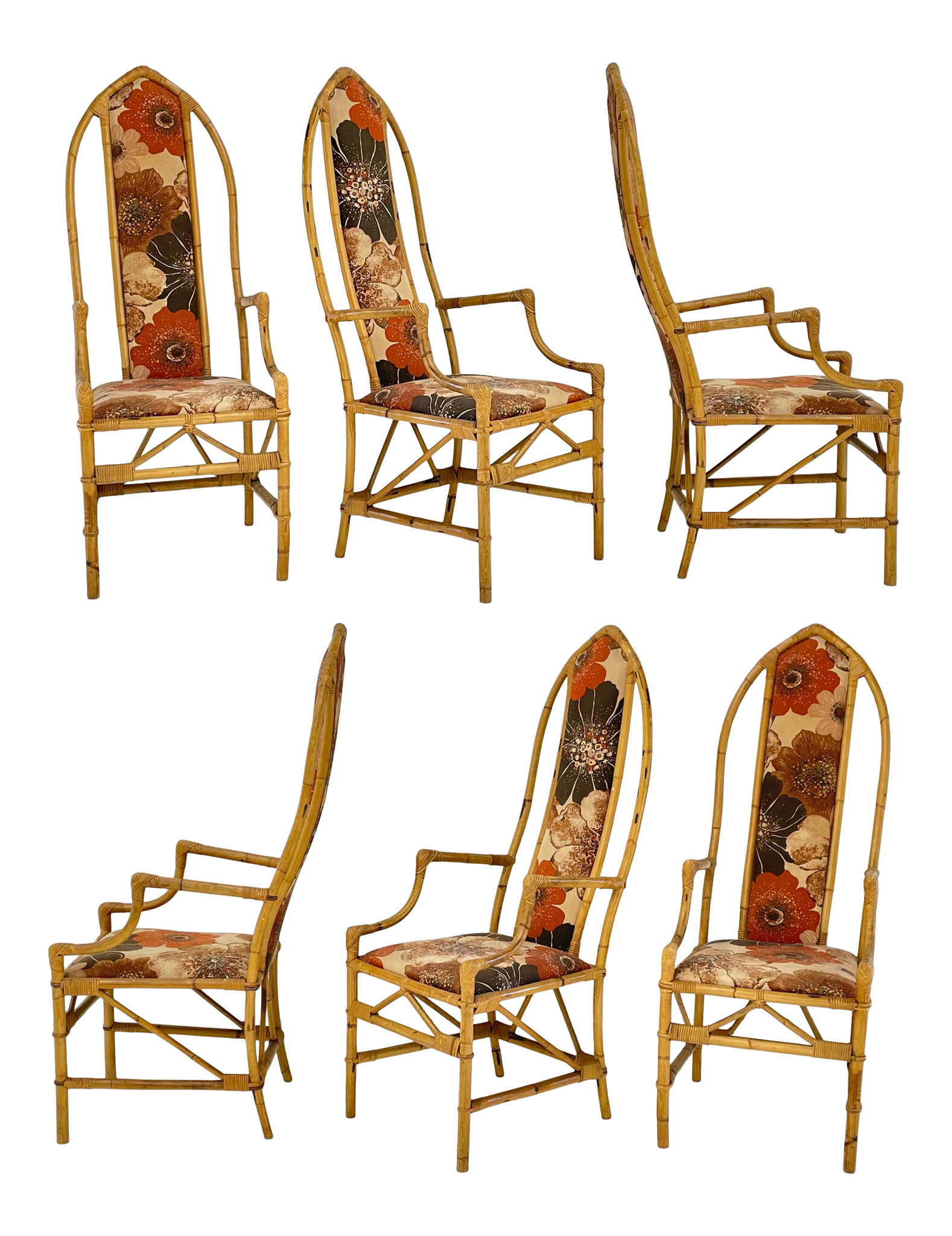 Rattan High Back Cathedral Dining Chairs in the Manner of McGuire