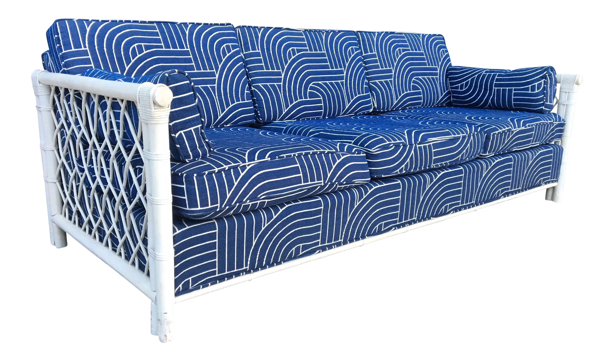 Blue Rattan Mid Century Tuxedo Sofa