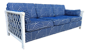 Blue Rattan Mid Century Tuxedo Sofa