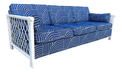 Blue Rattan Mid Century Tuxedo Sofa