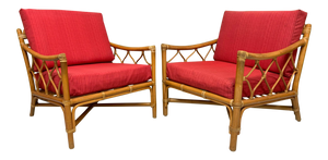 Rattan Tiki Style Chinoiserie Lounge Chairs front view