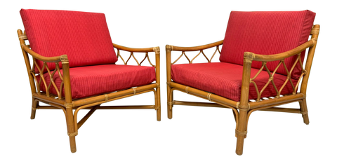 Rattan Tiki Style Chinoiserie Lounge Chairs front view