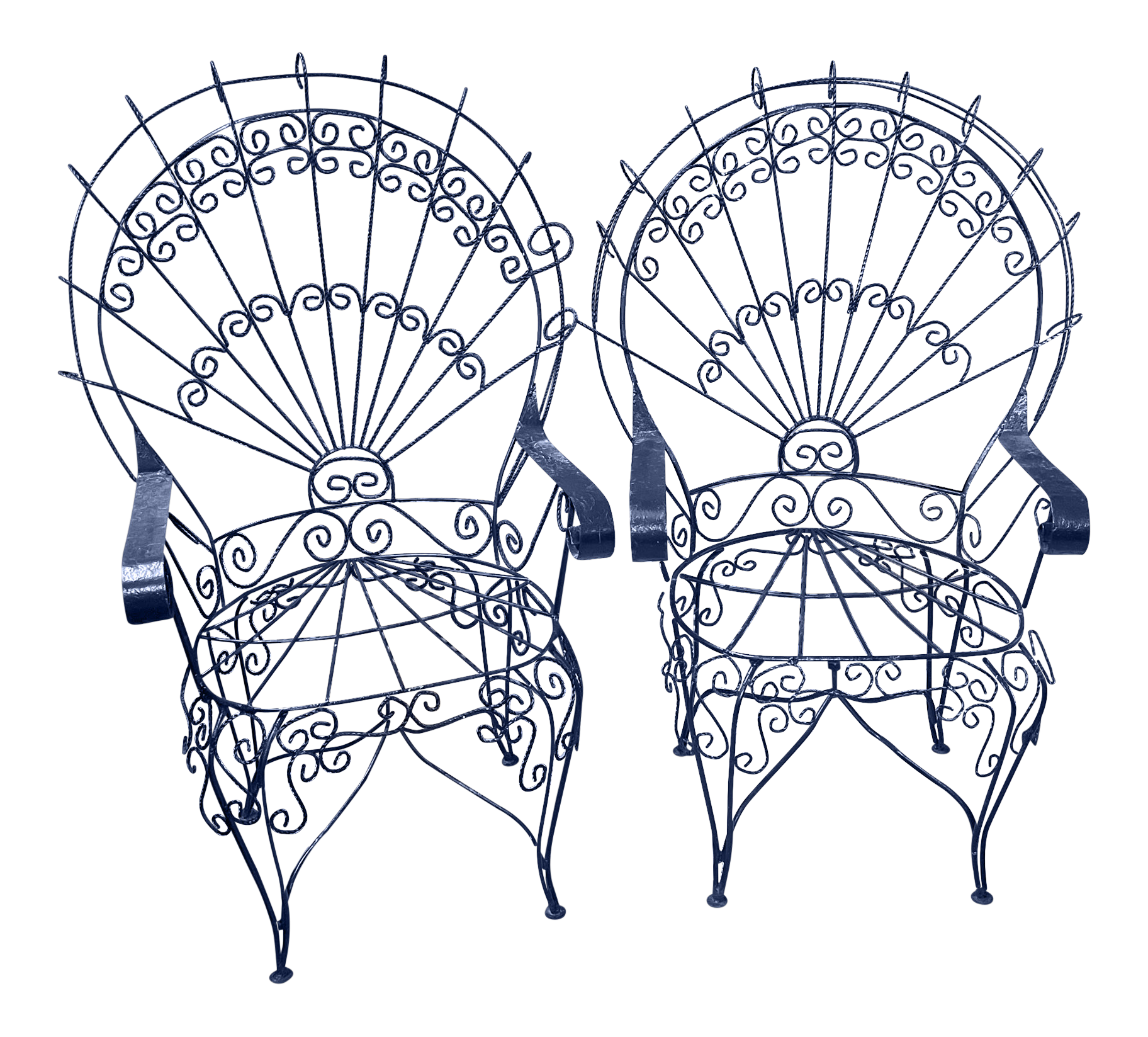 Salterini Twisted Wrought Iron Peacock Chairs, a Pair