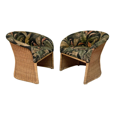 Sculptural Wicker Club Tropical Chairs, a Pair