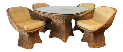 Sculptural Wicker Dining Set, Table and Four Chairs