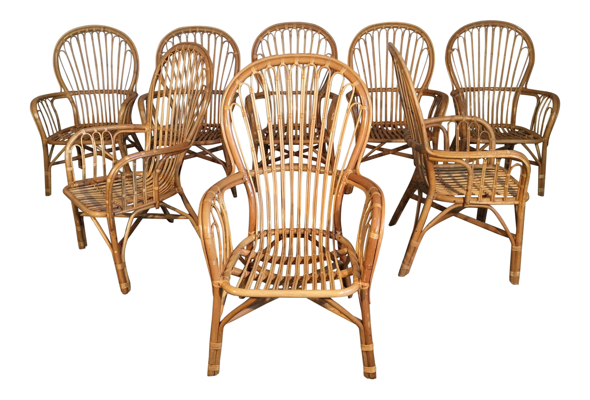 Set of Eight Rattan Fan Back Dining Chairs