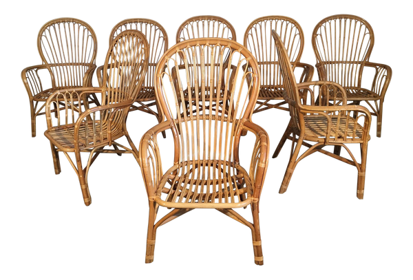Set of Eight Rattan Fan Back Dining Chairs
