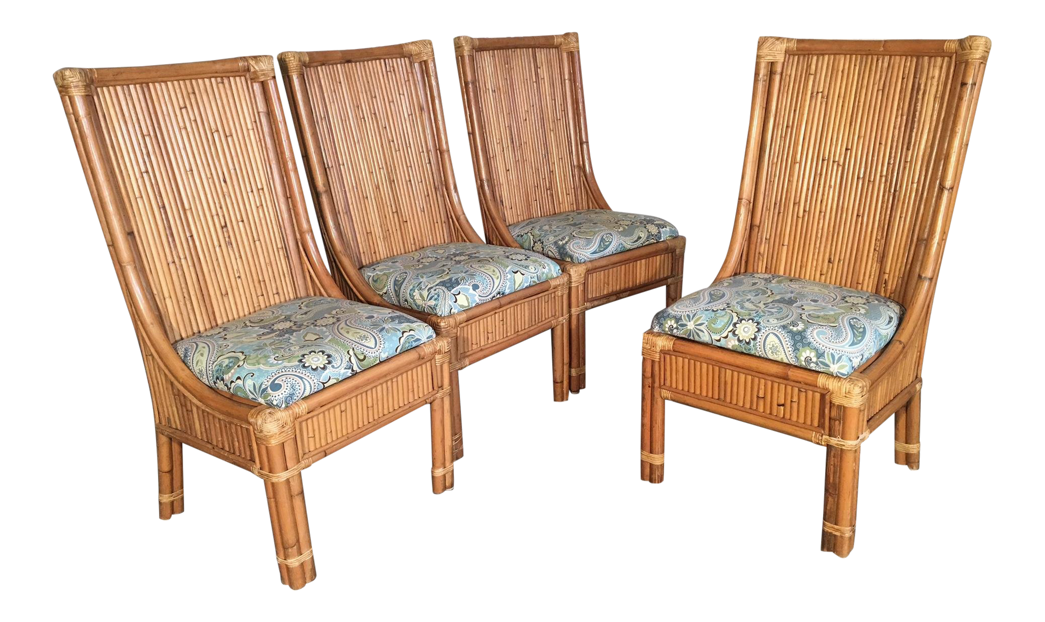 Set of Four Split Reed Rattan High Back Dining Chairs