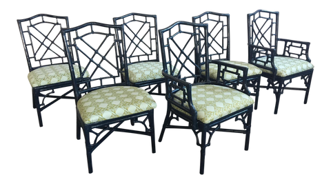 Set of Six Bamboo Chinoiserie Dining Chairs in High Gloss Navy