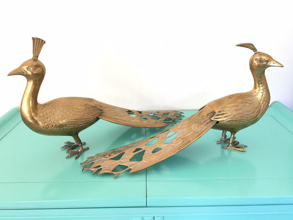 Solid Brass Male and Female Peacock Statues