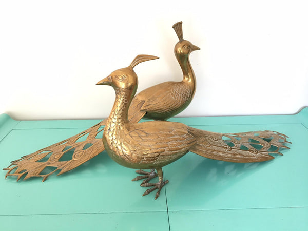 Solid Brass Male and Female Peacock Statues