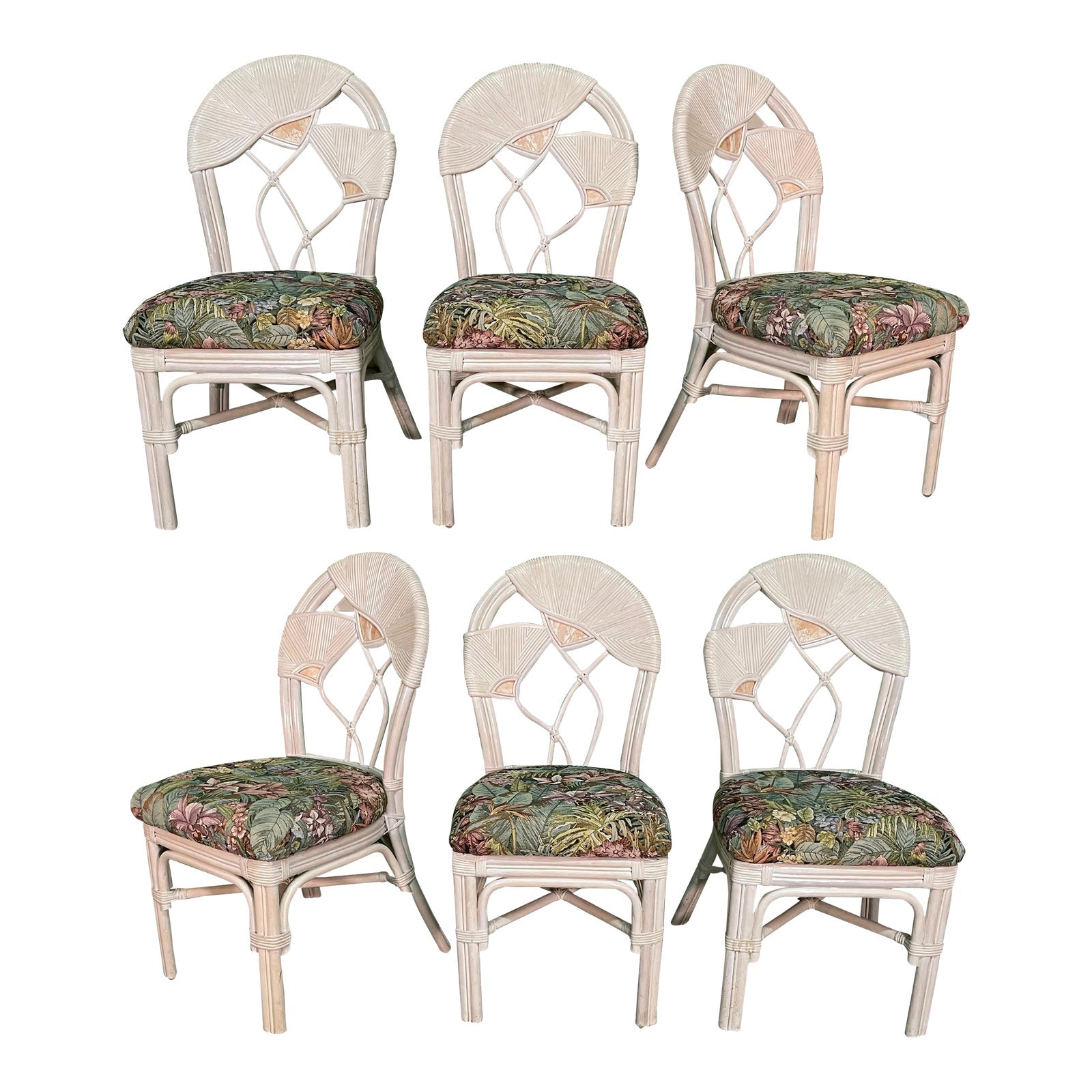 Split Reed Rattan Floral Design Dining Chairs, Set of 6