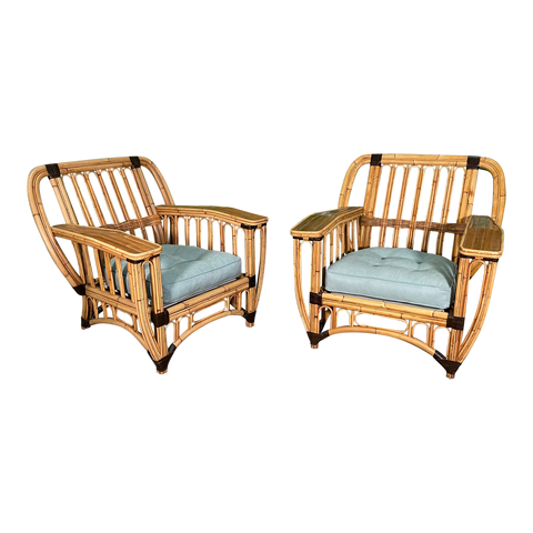 Split Reed Rattan Large Club Chairs, a Pair