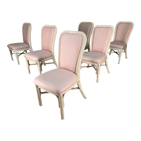 Split Reed Rattan Pink Upholstered Dining Chairs, Set of 6