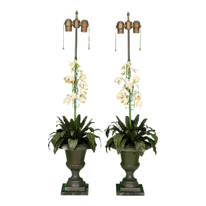 Tole Botanical Floral Urn Table Lamps, a Pair