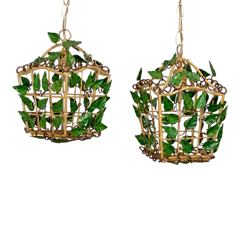 Tole Vine and Leaf Lantern Hanging Pendant Lamps, a Pair