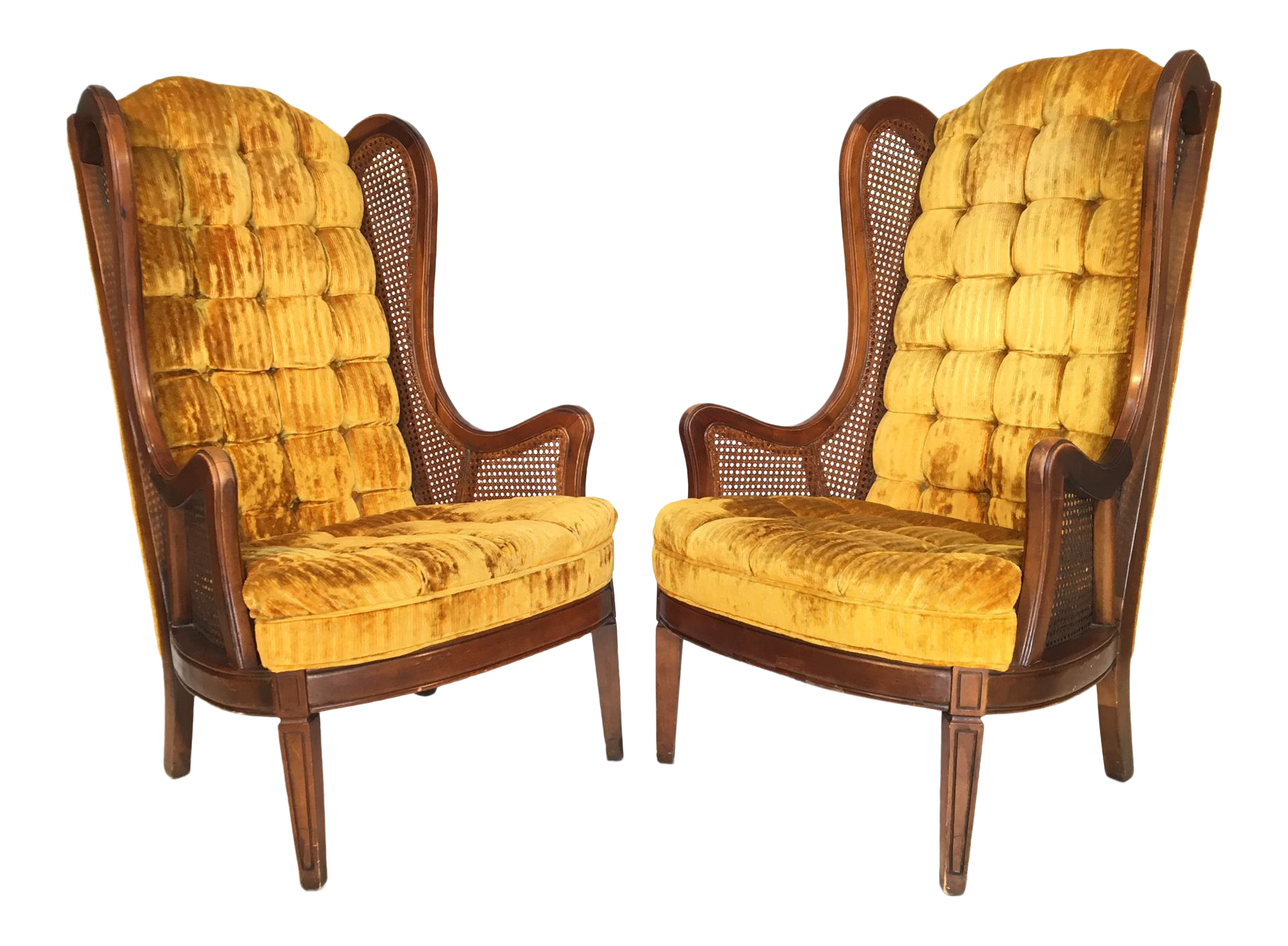 Pair of Tufted Velvet Cane Wingback Chairs by Lewittes