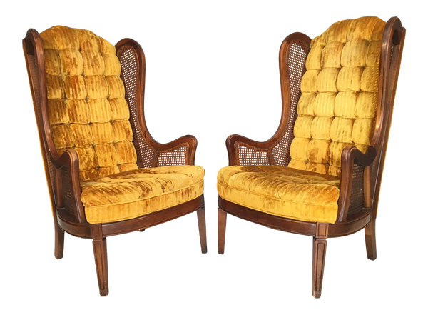 Pair of Tufted Velvet Cane Wingback Chairs by Lewittes