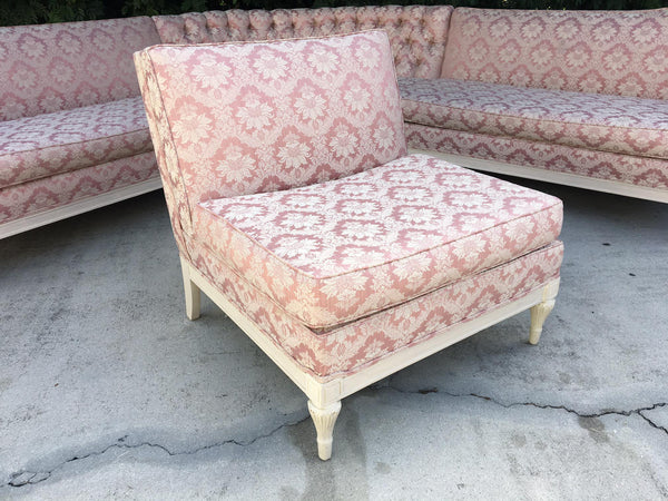 Vintage 4-Piece Hollywood Regency Pink Damask Tufted Sectional Sofa piece