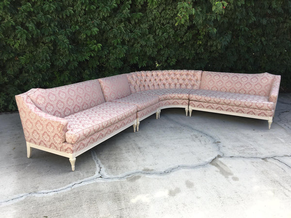 Vintage 4-Piece Hollywood Regency Pink Damask Tufted Sectional Sofa full view