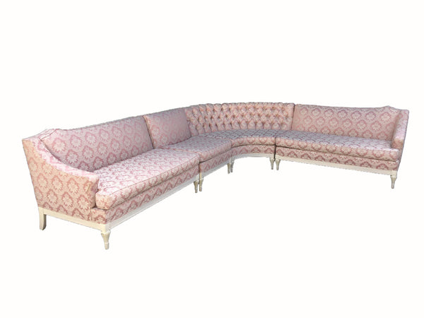 Vintage 4-Piece Hollywood Regency Pink Damask Tufted Sectional Sofa