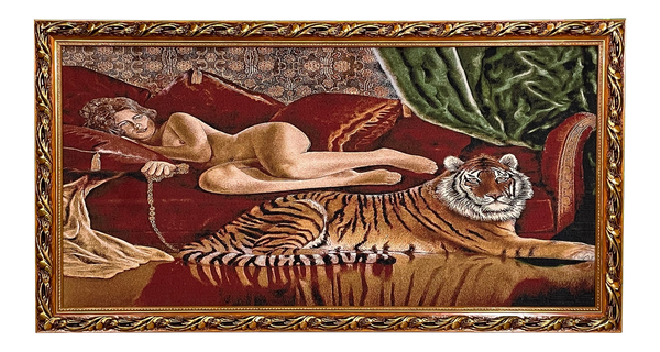 Vintage 70s Tapestry Style Nude Woman and Tiger Painting