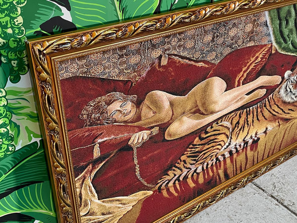 Vintage 70s Tapestry Style Nude Woman and Tiger Painting