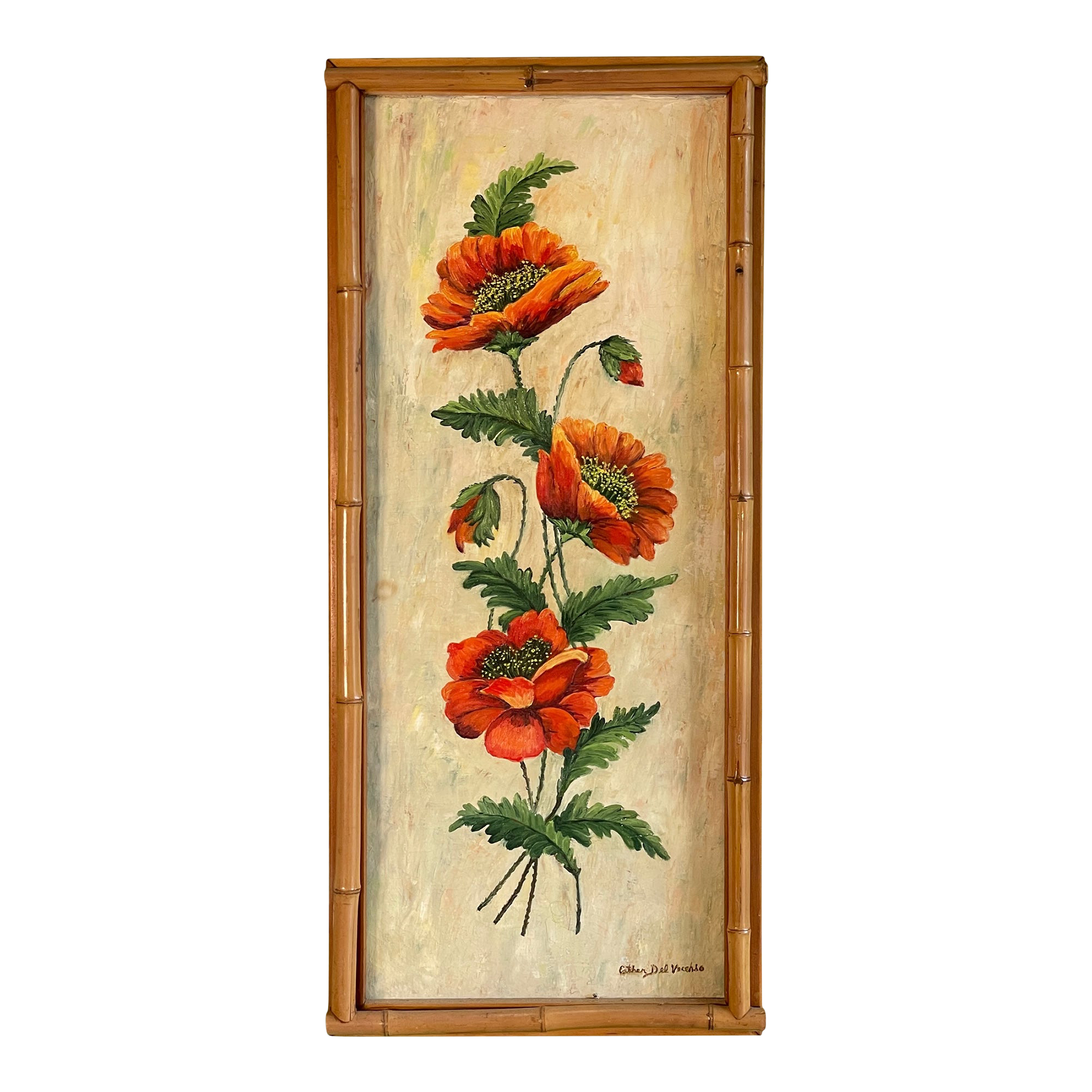 Vintage Bamboo Framed Floral Painting