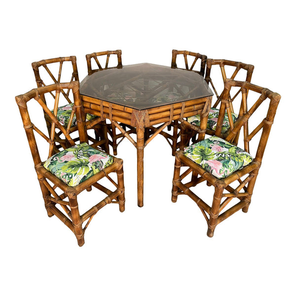 Vintage Bamboo Tiki Style Game Table Set With 6 Chairs