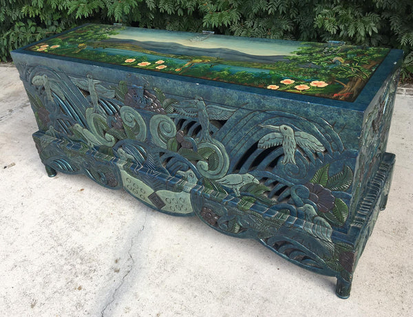 Vintage Hand Carved Tropical Mural Trunk front view