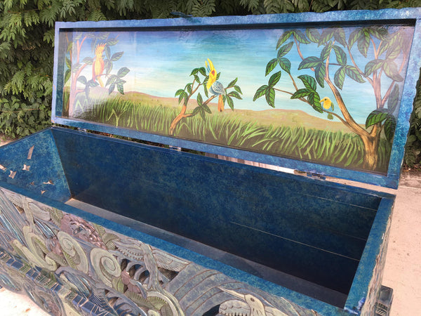 Vintage Hand Carved Tropical Mural Trunk interior